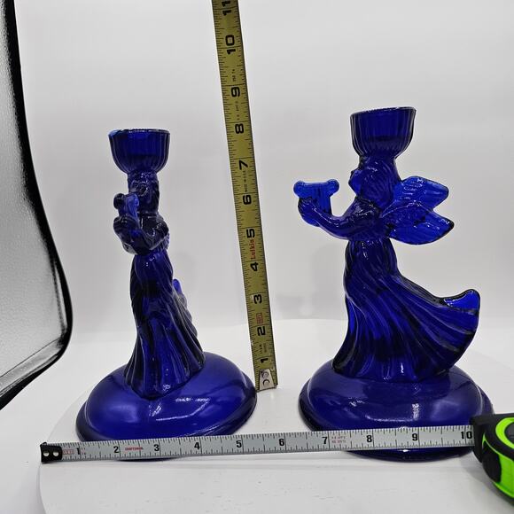 Vintage Cobalt Blue Glass Angel Candlestick Holders Musical Angel Harp Figurines - Picture 7 of 9